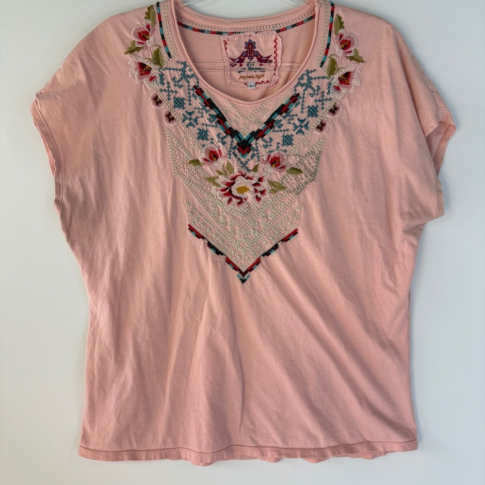 JW Los Angeles T-Shirt Women Large Pink Embroidered Boho Cap Sleeve Floral